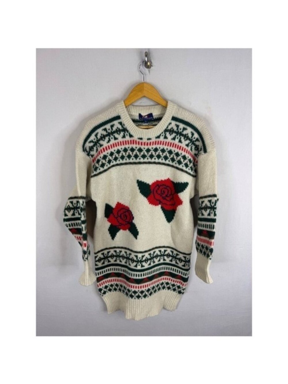 Vintage Alexander Rose Fair Isle 100% Shetland Wool Sweater Dress Cream Large